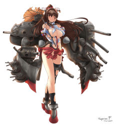 Rule 34 | 10s, 1girl, breasts, brown eyes, brown hair, haganef, highres, kantai collection, large breasts, long hair, looking at viewer, miniskirt, simple background, skirt, solo, torn clothes, torn umbrella, umbrella, white hair, yamato (kancolle)