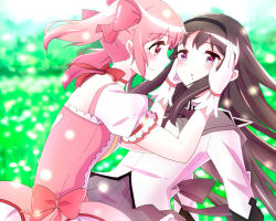 Rule 34 | 10s, 2girls, akemi homura, bad id, bad pixiv id, black hair, blurry, bow, choker, depth of field, gloves, hair bow, hair ribbon, hairband, hands on another&#039;s face, kaname madoka, long hair, magical girl, mahou shoujo madoka magica, mahou shoujo madoka magica (anime), multiple girls, parted lips, pink eyes, pink hair, pipette (artist), purple eyes, ribbon, ribbon choker, smile, twintails, wind, yuri