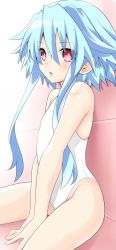 Rule 34 | 1girl, blanc (neptunia), blue hair, iwashi dorobou -r-, looking at viewer, neptune (series), one-piece swimsuit, own hands together, pink background, power symbol-shaped pupils, red eyes, short hair with long locks, sitting, spread legs, swimsuit, symbol-shaped pupils, thighs, white heart (neptunia), white one-piece swimsuit