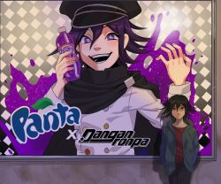 Rule 34 | 1boy, ad, against wall, black hair, black hat, blush, bottle, buttons, checkered background, collarbone, commentary, copyright name, danganronpa (series), danganronpa v3: killing harmony, drink, english commentary, expressionless, fanta, flipped hair, hair between eyes, hands in pockets, hands up, hat, highres, holding, holding bottle, holding drink, hood, hoodie, long sleeves, looking at viewer, male focus, oma kokichi, open clothes, open hoodie, open mouth, poster (object), promo poster, purple eyes, purple hair, red shirt, septimo dante, serious, shadow, shirt, short hair, signature, smile, splatter background, teeth, upper body