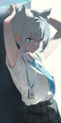 Rule 34 | 1girl, absurdres, adjusting hair, animal ear fluff, animal ears, armpit peek, black skirt, blue archive, blue eyes, blue halo, blue necktie, breasts, closed mouth, collared shirt, cross hair ornament, extra ears, grey hair, hair ornament, halo, highres, id card, medium breasts, medium hair, mismatched pupils, necktie, not forever2w, official art inset, shiroko (blue archive), shirt, short sleeves, skirt, solo, white shirt, wolf ears