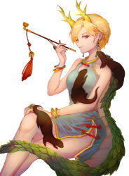 Rule 34 | 1girl, absurdres, alternate costume, antlers, blonde hair, cleavage cutout, clothing cutout, feet out of frame, fingernails, gold trim, highres, holding, holding smoking pipe, horns, kicchou yachie, kiseru, light smile, otter, otter spirit (touhou), parted bangs, parted lips, profile, red eyes, ringo orihara, sharp fingernails, short hair, simple background, smoking pipe, solo, touhou, white background
