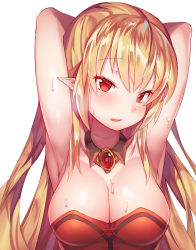 Rule 34 | absurdres, armpits, arms up, bare arms, black collar, blonde hair, blush, breasts, character request, cleavage, collar, commission, ddg160, detached collar, dress, hair between eyes, highres, large breasts, long hair, looking at viewer, open mouth, pointy ears, red eyes, simple background, sleeveless, sleeveless dress, straight hair, sweat, upper body, white background