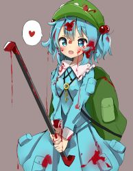 Rule 34 | 1girl, backpack, bad id, bad pixiv id, bag, blood, blood on clothes, blood on face, blue eyes, blue hair, blue shirt, blue skirt, blush, crowbar, flat cap, green hat, grey background, hair between eyes, hat, heart, holding, holding crowbar, holding weapon, kawashiro nitori, key, long sleeves, open mouth, pocket, poco (zdrq3), shirt, short hair, simple background, skirt, solo, spoken heart, touhou, twintails, weapon