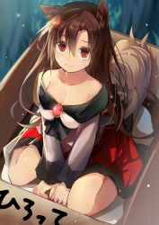 Rule 34 | 1girl, animal ears, bare shoulders, box, breasts, brooch, brown eyes, brown hair, cardboard box, cleavage, collarbone, efe, female focus, for adoption, imaizumi kagerou, in box, in container, jewelry, large breasts, long hair, long sleeves, shirt, sitting, skirt, solo, tail, touhou, v arms, very long hair, wariza, werewolf, wide sleeves, wolf ears, wolf tail