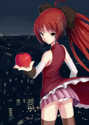 Rule 34 | 10s, 1girl, apple, ass, bad id, bad pixiv id, city lights, face, food, from behind, fruit, holding, holding food, holding fruit, long hair, looking at viewer, looking back, magical girl, mahou shoujo madoka magica, mahou shoujo madoka magica (anime), miniskirt, night, ogadenmon, panties, pink skirt, pleated skirt, ponytail, red eyes, red hair, sakura kyoko, skirt, smile, solo, thighhighs, underwear