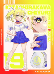 1girl absurdres adapted_costume anchor_print bag bare_legs blonde_hair blue_choker blue_skirt character_name choker close-up frilled_skirt frills full_body grin guumin hair_ribbon happy highres kitashirakawa_chiyuri looking_at_viewer miniskirt multiple_views phantasmagoria_of_dim.dream plaid_clothes plaid_skirt puffy_short_sleeves puffy_sleeves ribbon sandals shirt short_sleeves shoulder_bag skirt smile standing thick_eyebrows toes touhou touhou_(pc-98) two_side_up white_bag white_footwear white_ribbon white_shirt yellow_eyes