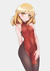 Rule 34 | 1girl, absurdres, bare arms, bare shoulders, blonde hair, blush, breasts, brown pantyhose, china dress, chinese clothes, closed mouth, dress, highres, kamidan, long hair, original, pantyhose, red dress, sleeveless, sleeveless dress, small breasts, yellow eyes
