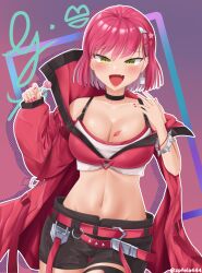 Rule 34 | 1girl, :d, asymmetrical sleeves, bare shoulders, belt, black choker, black shorts, black thighhighs, blush, bow, bracelet, breasts, candy, choker, chupa chups, cleavage, coat, collarbone, commentary request, cowboy shot, crop top, duel monster, ear piercing, earrings, evil twin ki-sikil, fang, food, green eyes, groin, hair between eyes, hair bow, hair ornament, hairclip, hands up, highres, holding, holding food, jewelry, ki-sikil (yu-gi-oh!), korean commentary, large breasts, lipstick mark, lipstick mark on breast, lollipop, looking at viewer, midriff, mixed-language commentary, navel, open mouth, partial commentary, piercing, pink belt, pink bow, pink coat, pink hair, short hair, short shorts, shorts, sidelocks, single earring, single thighhigh, smile, solo, spiked bracelet, spikes, standing, star (symbol), star hair ornament, tank top, thigh gap, thighhighs, torn clothes, torn thighhighs, twitter username, white tank top, wislley, yu-gi-oh!
