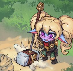 Rule 34 | 1girl, armor, blonde hair, blush, brown footwear, brown gloves, bush, gloves, green pants, hammer, league of legends, long hair, pants, phantom ix row, pink eyes, pointy ears, poppy (league of legends), red scarf, scarf, solo, twintails, weapon, yordle