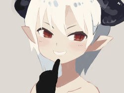 Rule 34 | 1girl, bare shoulders, black gloves, blush, brown background, collarbone, commentary request, curled horns, eyebrows hidden by hair, gloves, grin, hand on own hip, horns, long hair, looking at viewer, original, paprika shikiso, pointy ears, portrait, red eyes, simple background, smile, solo, upper body, v-shaped eyebrows, white hair