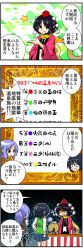 Rule 34 | 3girls, 4koma, black hair, blue hair, comic, commentary request, contemporary, emphasis lines, gloom (expression), handsome wataru, happi, hat, highres, japanese clothes, kumoi ichirin, light purple hair, long hair, multiple girls, murasa minamitsu, pointy ears, pom pom (clothes), ponytail, red eyes, red hat, scarf, shaded face, shameimaru aya, short hair, sideways glance, sideways mouth, speech bubble, star (symbol), sweatdrop, sweater vest, table, tokin hat, touhou, translation request