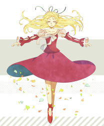 Rule 34 | 1girl, blonde hair, breasts, claire bennett, dress, closed eyes, flower, long hair, ribbon, shoes, smile, tales of (series), tales of rebirth