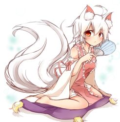 Rule 34 | 1girl, ahoge, alternate costume, animal ears, apron, barefoot, blush, commentary, detached sleeves, hand fan, inubashiri momiji, long sleeves, looking at viewer, orange eyes, pillow, silver hair, sitting, solo, tail, tosura-ayato, touhou, wariza, wide sleeves, wolf ears, wolf tail