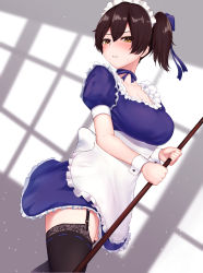 Rule 34 | 1girl, absurdres, alternate costume, apron, arugou, black thighhighs, blush, breasts, broom, brown eyes, brown hair, choker, cleavage, commentary request, enmaided, from below, garter straps, highres, holding, holding broom, kaga (kancolle), kantai collection, large breasts, long hair, looking at viewer, maid, maid apron, maid headdress, puffy short sleeves, puffy sleeves, short sleeves, side ponytail, solo, thighhighs, tsurime, white apron