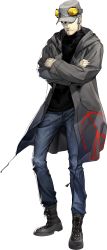 Rule 34 | 10s, 1boy, ankle boots, arm hair, beard, black coat, black footwear, black sweater, boots, buttons, closed mouth, coat, cross-laced footwear, crossed arms, denim, drawstring, earrings, facial hair, full body, grey eyes, grey hair, grey hat, hat, headphones, highres, hood, hoodie, iwai munehisa, jeans, jewelry, lace-up boots, long sideburns, long sleeves, looking at viewer, male focus, mouth hold, official art, open clothes, open coat, pants, persona, persona 5, piercing, serious, shaded face, sideburns, soejima shigenori, solo, standing, striped, striped clothes, striped headwear, stubble, sweater, tattoo, transparent background, unbuttoned