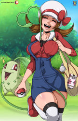 Rule 34 | 1girl, bag, between breasts, breasts, brown hair, buttons, chikorita, closed eyes, covered erect nipples, creatures (company), curvy, facing viewer, game freak, gen 2 pokemon, green background, handbag, hat, highres, impossible clothes, impossible shirt, kyoffie, large breasts, lyra (pokemon), medium breasts, narrow waist, nintendo, open mouth, outdoors, overall shorts, overalls, plant, poke ball, poke ball (basic), pokemon, pokemon (creature), pokemon hgss, red footwear, shirt, skindentation, smile, sparkle, tentacles, tentacles under clothes, thighhighs, tree, twintails, vines, walking, white thighhighs