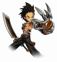 Rule 34 | 1boy, angry, armor, belt, black hair, blackjd83, choker, claws, elsword, fighting stance, forehead, male focus, mechanical arms, official art, pants, raven cronwell, scar, single mechanical arm, solo, spiked hair, sword, taker (elsword), topless male, weapon, white background, yellow eyes