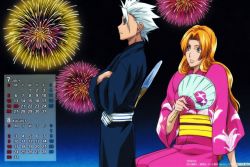 Rule 34 | 00s, 2009, age difference, august, bleach, blue eyes, breasts, calendar, crossed arms, fan, fanning self, fireworks, green eyes, happy, height difference, hitsugaya toushirou, japanese clothes, japanese text, july, kimono, large breasts, matsumoto rangiku, mole, night, night sky, official art, orange hair, relaxing, shinigami, silver hair, sky, smile