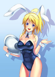 Rule 34 | 10s, 1girl, animal ears, ayase eli, blonde hair, blue eyes, blue theme, breasts, rabbit ears, rabbit tail, cleavage, cowboy shot, derivative work, detached collar, fake animal ears, highres, kamegon, large breasts, long hair, love live!, love live! school idol project, playboy bunny, ponytail, ribbon, solo, tail, tray, wrist cuffs