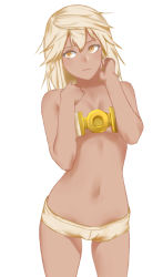 Rule 34 | 1girl, belt bra, breasts, cleavage, closed mouth, dark-skinned female, dark skin, flasso, guilty gear, guilty gear xrd, hair between eyes, highres, long hair, navel, ramlethal valentine, short shorts, shorts, simple background, solo, white background, yellow eyes