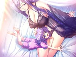 Rule 34 | 2girls, age difference, blue eyes, bra, breasts, chinese clothes, game cg, koihime musou, kouchuu, large breasts, lingerie, mature female, mother and daughter, multiple girls, panties, peignoir, purple hair, riri, underwear