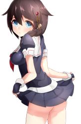 Rule 34 | 10s, 1girl, ass, bad id, bad pixiv id, black gloves, black hair, black skirt, blue eyes, boruhis, braid, brown hair, clothes lift, eyebrows, fingerless gloves, from behind, gloves, hair between eyes, hair ornament, hair over shoulder, highres, kantai collection, lifted by self, long hair, looking at viewer, looking back, no panties, pleated skirt, shigure (kancolle), shigure kai ni (kancolle), shirt, short hair, skirt, skirt hold, skirt lift, solo