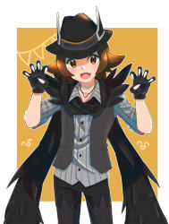 Rule 34 | 1boy, black gloves, black hat, black scarf, blush, brown eyes, brown hair, claw pose, collared shirt, cowboy shot, creatures (company), fang, game freak, gloves, hat, highres, hilbert (fall 2020) (pokemon), hilbert (pokemon), jewelry, looking at viewer, male focus, necklace, nintendo, official alternate costume, po posan, pokemon, pokemon masters ex, scarf, shirt, simple background, skin fang, smile, solo, vest