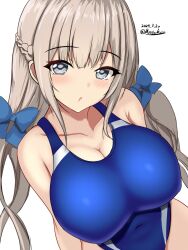 Rule 34 | 1girl, blue bow, blue eyes, blue one-piece swimsuit, bow, breasts, competition swimsuit, covered navel, dated, headgear, highres, kantai collection, large breasts, light brown hair, long hair, looking at viewer, low twintails, maryland (kancolle), montemasa, one-hour drawing challenge, one-piece swimsuit, simple background, smile, solo, swimsuit, twintails, twitter username, two-tone swimsuit, upper body, white background