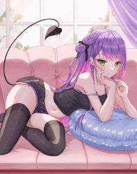 1girl absurdres alternate_costume alternate_hairstyle black_camisole black_shorts black_thighhighs blush braid breasts camisole casual closed_mouth commentary couch cross cross_earrings curtains demon_tail ear_piercing earrings eyelashes feet_out_of_frame french_braid green_eyes hair_bun hand_on_own_chin highres hololive jewelry long_hair looking_at_viewer lying medium_breasts micro_shorts midriff multicolored_hair navel navel_piercing on_side piercing pillow pink_hair purple_hair runlan_0329 short_shorts shorts single_side_bun sleeveless smile solo strap_slip sunlight tail tail_ornament tail_piercing thighhighs thighs tokoyami_towa two-tone_hair virtual_youtuber window