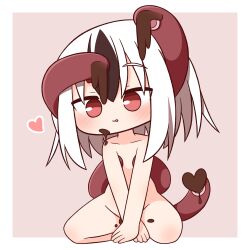 Rule 34 | 1girl, :p, between legs, black hair, blush, brown background, candy, chibi, chocolate, chocolate heart, closed mouth, collarbone, commentary request, food, food on face, full body, groin, hair between eyes, hana kazari, hand between legs, heart, highres, multicolored hair, nude, original, red eyes, shokushu-chan, smile, solo, tentacles, tongue, tongue out, two-tone background, two-tone hair, white background, white hair