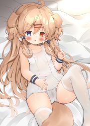 Rule 34 | 1girl, ahoge, animal ears, bed, blush, bow, brown hair, cameltoe, covered navel, dog ears, dog girl, dog tail, hair bow, hair ornament, hairclip, hand on own stomach, heterochromia, highres, knee up, legs, long hair, lying, on back, one-piece swimsuit, original, ribbon, school swimsuit, solo, swimsuit, tail, thighhighs, thighs, very long hair, white one-piece swimsuit, white thighhighs, wristband, yuyumaru (yuyuyuyuyuyu030)