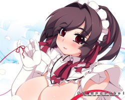 Rule 34 | 1girl, akatsuki alut, breasts, brown hair, cleavage, gloves, huge breasts, maid, mel/a, non-web source, original, red eyes, saionji mikoto, short hair, solo, string, string of fate, white gloves