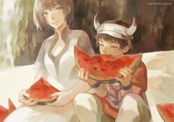 Rule 34 | 1boy, 1girl, bandages, black hair, brown eyes, closed eyes, closed mouth, dress, driftwoodwolf, food, fruit, grey hair, horns, ico, ico (character), open mouth, pointy ears, short hair, sitting, smile, tabard, watermelon, white dress, yorda