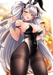 Rule 34 | 1girl, absurdres, ahoge, akatsuki (aktk511), alternate costume, animal ears, armband, azur lane, bare shoulders, black leotard, blush, bow, bowtie, breasts, cleavage, covered navel, cowboy shot, detached collar, diffraction spikes, drink, fake animal ears, from below, german flag, gluteal fold, grey hair, highleg, highleg leotard, highres, lace, large breasts, leotard, long hair, looking at viewer, multicolored hair, nail polish, open mouth, orange eyes, pantyhose, pink nails, playboy bunny, prinz eugen (azur lane), rabbit ears, red bow, red bowtie, shiny clothes, simple background, smile, sparkle, streaked hair, swept bangs, thighband pantyhose, very long hair