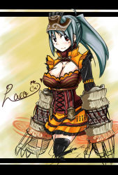 Rule 34 | 1girl, ahoge, bad id, bad pixiv id, black thighhighs, breasts, claws, cleavage, fantasy earth zero, green hair, headgear, heart, large breasts, long hair, pako (moto paco), ponytail, red eyes, signature, skirt, solo, thighhighs, traditional media, weapon