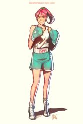 Rule 34 | 1girl, annie mei, annie mei project, boxing gloves, caleb thomas, full body, green eyes, long hair, original, pink hair, ponytail, scrunchie, shoes, shorts, smile, socks, solo, tank top, watermark, web address