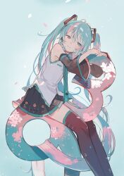 Rule 34 | 1girl, 39, aqua eyes, aqua hair, aqua necktie, black skirt, black thighhighs, blue background, commentary, detached sleeves, feet out of frame, hatsune miku, headset, highres, long hair, looking at viewer, miku day, necktie, nuudoru, parted lips, shirt, simple background, sitting, skirt, solo, thighhighs, twintails, vocaloid, white shirt