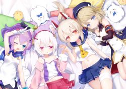 Rule 34 | 4girls, :o, ;d, anchor symbol, animal, animal ears, armband, ayanami (azur lane), azur lane, bandaged leg, bandages, bare arms, bare shoulders, bed sheet, beret, bird, black dress, black headwear, black ribbon, black sleeves, blue sailor collar, blue skirt, blush, breasts, brown hair, camisole, chick, cleavage, closed mouth, commentary request, cross, crown, detached sleeves, dress, gloves, green eyes, hair ribbon, hairband, hat, iron cross, jacket, javelin (azur lane), kokone (coconeeeco), laffey (azur lane), long hair, long sleeves, lying, medium breasts, meowfficer (azur lane), midriff, mini crown, multiple girls, navel, off shoulder, on back, on side, one eye closed, open clothes, open jacket, open mouth, parted lips, pillow, pink jacket, pleated skirt, ponytail, purple hair, rabbit ears, red eyes, red hairband, red skirt, ribbon, sailor collar, school uniform, serafuku, shirt, skirt, sleeveless, sleeveless dress, sleeveless shirt, small breasts, smile, strap slip, twintails, v, very long hair, white camisole, white gloves, white hair, white shirt, yellow neckwear, z23 (azur lane)