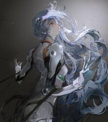 Rule 34 | 1girl, absurdres, ass, ayanami rei, blue hair, bodysuit, breasts, evangelion: 3.0+1.0 thrice upon a time, highres, interface headset, long hair, nenem (kimnenemmm art), neon genesis evangelion, pilot suit, plugsuit, rebuild of evangelion, red eyes, small breasts, solo, standing, very long hair, white bodysuit