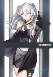 Rule 34 | 1girl, animal ears, black jacket, breasts, ear piercing, english text, fur trim, grey eyes, grey hair, hand on own chest, highres, hololive, hz (helu 2), jacket, lion ears, looking at viewer, medium breasts, off-shoulder jacket, off shoulder, parted lips, piercing, shishiro botan, shishiro botan (1st costume), solo, torn clothes, virtual youtuber