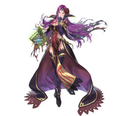 Rule 34 | 1girl, absurdres, alternate costume, ankle boots, book, boots, breasts, cape, capelet, cleavage, closed mouth, commentary request, dress, fingernails, fire emblem, fire emblem echoes: shadows of valentia, fire emblem heroes, full body, gloves, glowing, gold trim, hair ornament, hand up, head tilt, highres, holding, jewelry, lips, long hair, looking at viewer, makeup, medium breasts, nintendo, official alternate costume, official art, pelvic curtain, purple eyes, purple hair, seductive smile, shiny clothes, simple background, smile, solo, sonya (fire emblem gaiden), standing, suzuki rika, thighhighs, tiara, torn cape, torn clothes, white background