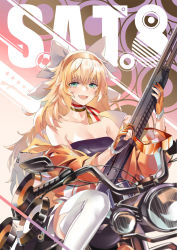 Rule 34 | 1girl, bare shoulders, blonde hair, blush, boots, breasts, character name, cleavage, collarbone, fabarm sat-8, girls&#039; frontline, gloves, green eyes, gun, hair between eyes, hairband, highres, holding, holding gun, holding weapon, italian flag neckwear, jacket, jiji (pixiv10646874), long hair, looking at viewer, machinery, medium breasts, messy hair, off shoulder, open clothes, open jacket, open mouth, orange eyewear, orange hairband, partially fingerless gloves, pleated skirt, s.a.t.8 (girls&#039; frontline), scarf, semi-automatic firearm, semi-automatic shotgun, shield, shield module, shotgun, sidelocks, sitting, sitting on motorcycle, skirt, smile, solo, strapless, sunglasses, thigh boots, thighhighs, tube top, unworn eyewear, very long hair, weapon, white footwear, white skirt