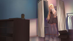 Rule 34 | 1girl, barefoot, blonde hair, blunt bangs, breasts, dress, dressing, dressing room, full body, gonzz (gon2rix), hair ornament, highres, indoors, large breasts, long hair, long sleeves, looking at viewer, looking back, mirror, open mouth, original, reflection, sidelocks, solo, standing, thighs, two-tone dress, unzipped, yellow eyes