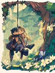 Rule 34 | 1boy, 1girl, blonde hair, blush, brown gloves, brown hair, bug, butterfly, glasses, gloves, green eyes, helmet, bug, lantern, long hair, looking at viewer, made in abyss, natsumika, open mouth, pith helmet, regu (made in abyss), riko (made in abyss), short hair, smile, tree, twintails, yellow eyes