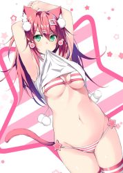 Rule 34 | 1girl, animal ear fluff, animal ears, arms up, bikini, blush, breasts, cat ears, cat tail, cleavage, clothes in mouth, clothes lift, dutch angle, gluteal fold, green eyes, groin, hair between eyes, highres, hip focus, kurebayashi noe, lifted by self, long hair, mouth hold, navel, original, pink hair, pink theme, pom pom (clothes), self exposure, shirt in mouth, shirt lift, solo, star (symbol), starry background, striped bikini, striped clothes, striped thighhighs, swimsuit, tail, thigh gap, thighhighs, thighs, underboob, white background