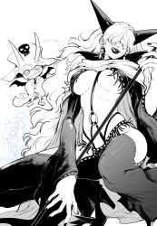 Rule 34 | 1boy, 1girl, absurdres, breasts, earrings, fake horns, greyscale, hair over eyes, highres, horns, jewelry, large breasts, long hair, monochrome, nail polish, nowosuke, one piece, sadi-chan, saldeath, tongue, tongue out, underboob