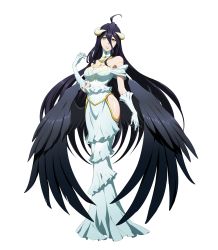 Rule 34 | 1girl, absurdres, ahoge, albedo (overlord), bare shoulders, black hair, black wings, breasts, character sheet, cleavage, demon girl, detached collar, dress, expressions, female focus, full body, gloves, highres, hip vent, horns, langrisser, langrisser mobile, large breasts, long hair, long legs, low wings, multiple views, off-shoulder dress, off shoulder, official art, overlord (maruyama), simple background, smile, very long hair, white background, white dress, white gloves, wings, yellow eyes