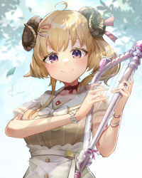 Rule 34 | 1girl, absurdres, ahoge, animal ears, apron, blonde hair, blush, bow, breasts, brown dress, choker, closed mouth, commentary request, dress, hair ornament, hair ribbon, hairpin, hands up, harp, highres, holding, holding instrument, hololive, horns, instrument, kito koruta, large breasts, leaf, long hair, looking at viewer, music, pink ribbon, playing instrument, purple eyes, red choker, ribbon, sailor collar, sheep ears, sheep girl, sheep horns, short hair, signature, smile, solo, tsunomaki watame, tsunomaki watame (street casual), upper body, virtual youtuber, white apron, white bow, white sailor collar, wristband