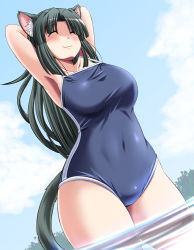 Rule 34 | 1girl, animal ears, armpits, arms up, black hair, breasts, cat ears, cat tail, cloud, competition school swimsuit, covered navel, cowboy shot, day, closed eyes, from below, green hair, large breasts, long hair, milk (tonpuu), one-piece swimsuit, original, school swimsuit, smile, solo, stretching, swimsuit, tail, thick thighs, thighs, tonpuu, water